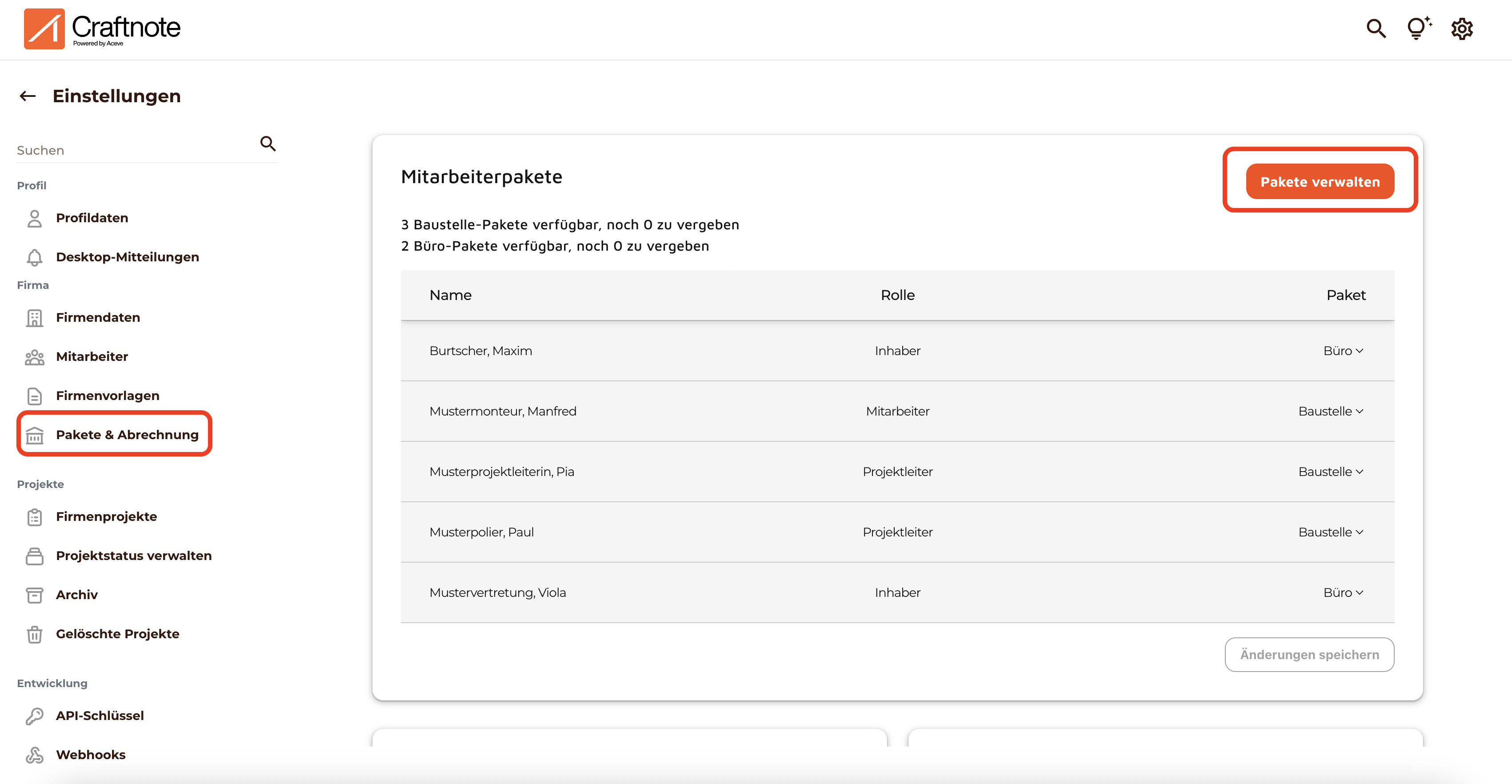 Pakete und Abrechnung und Pakete verwalten