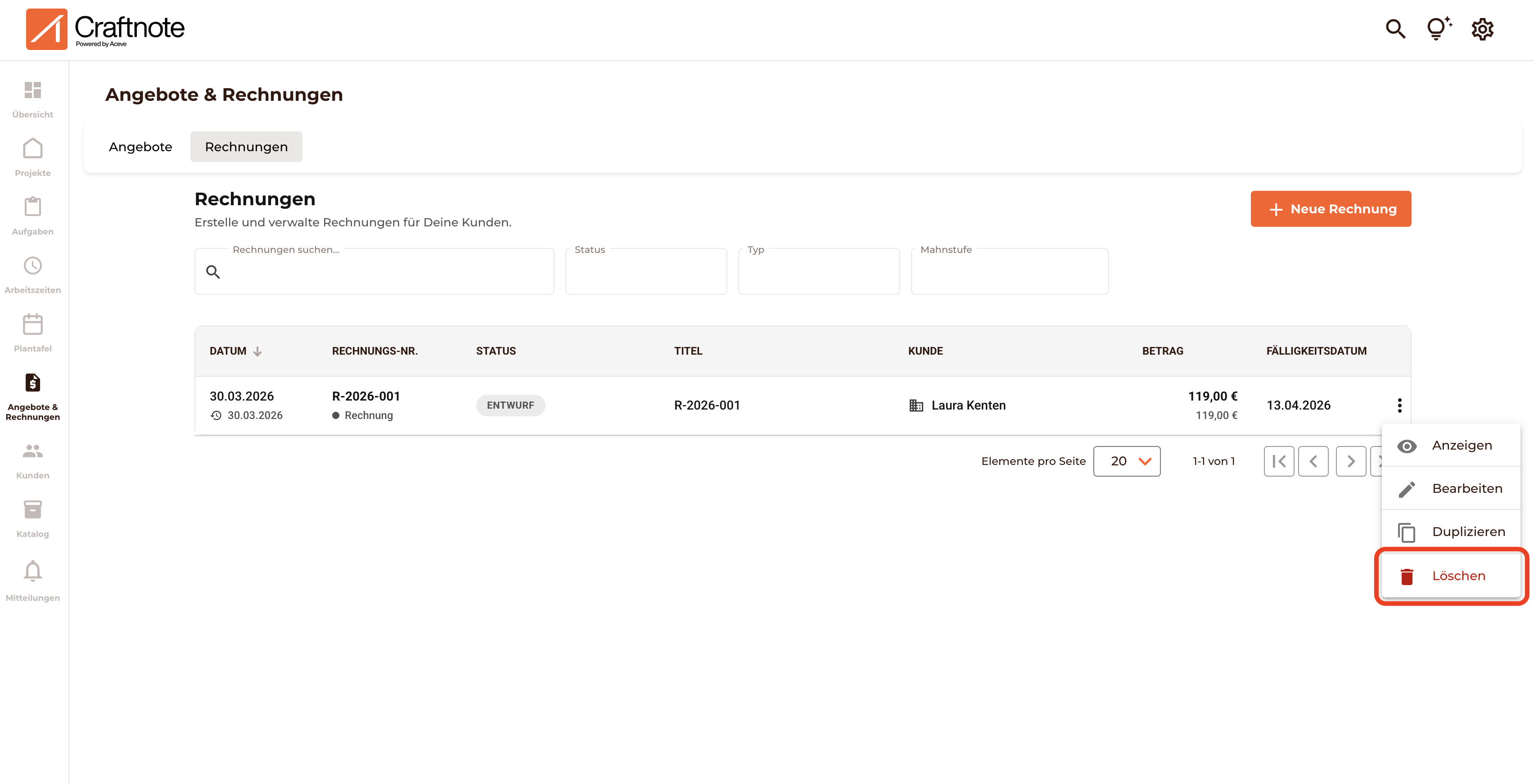Wähle die Rechnungs aus, gehe auf die drei Punkte und klicke auf Löschen