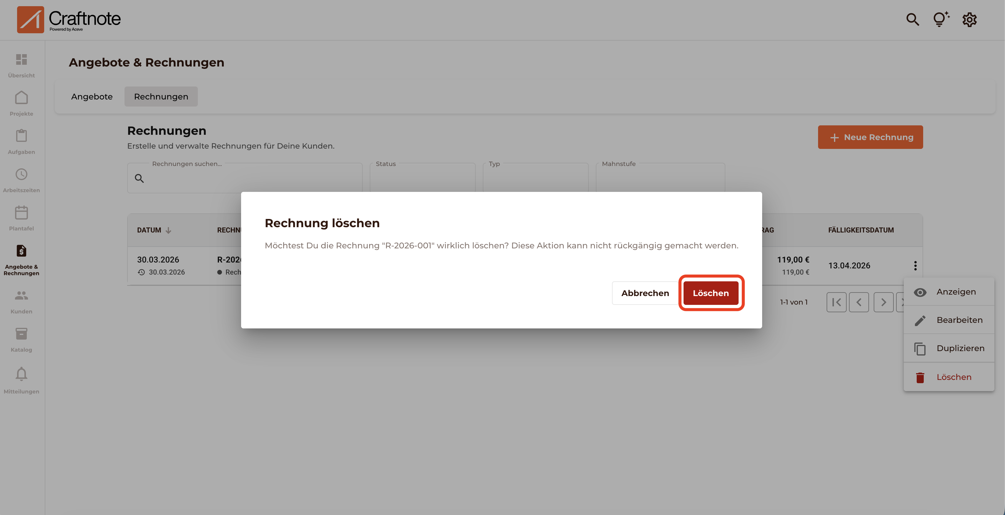 Klicke auf Löschen um die Rechnung unwiderruflich zu löschen
