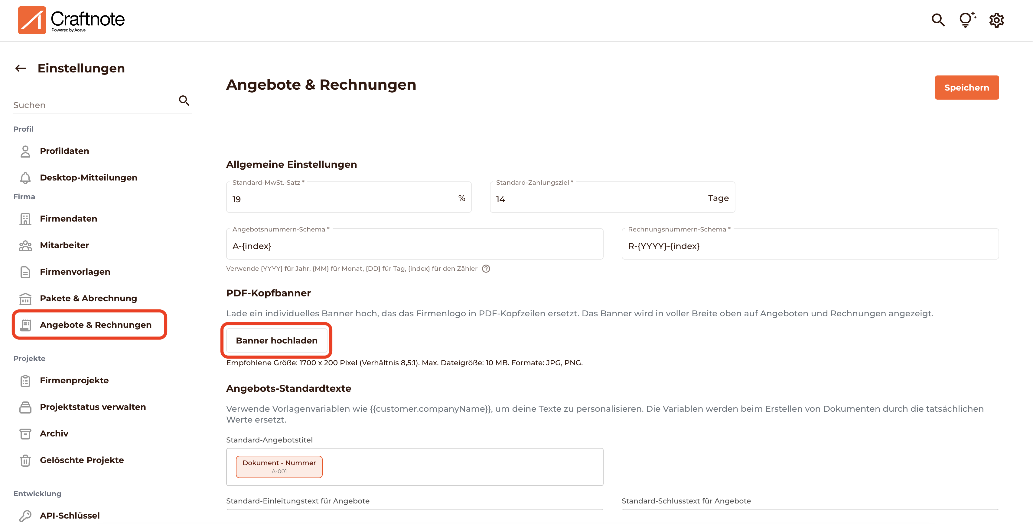 Gehe in den Einstellungen zu Angebote und Rechnung und dann Banner hochladen