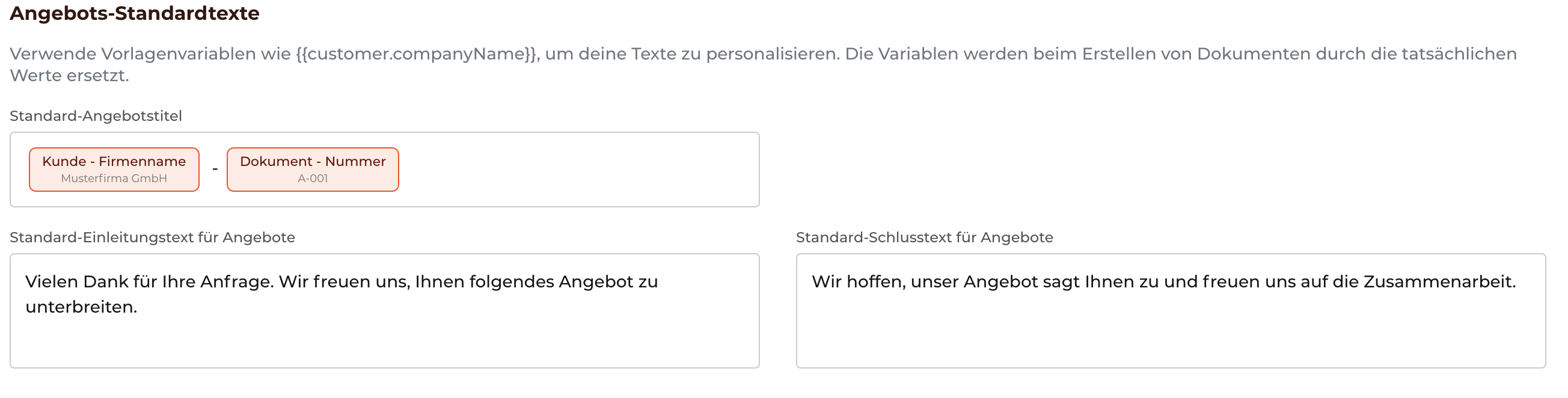 Standardtexte für Angebote in den Einstellungen bearbeiten