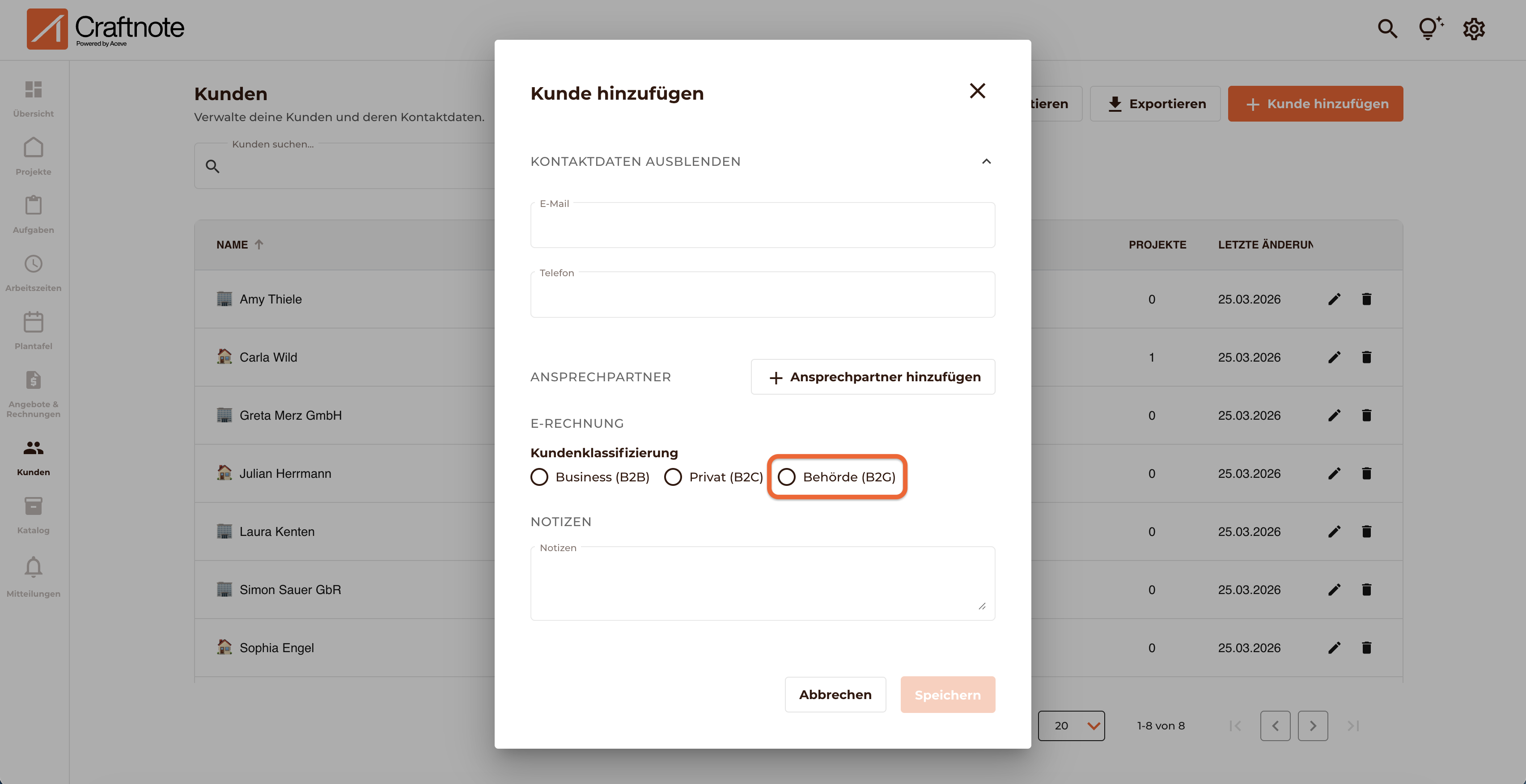 Beim Ausfüllen eines Kundenprofils kann man ganz unten bei der Kunden Klassifizierung Behörde B2G anklicken