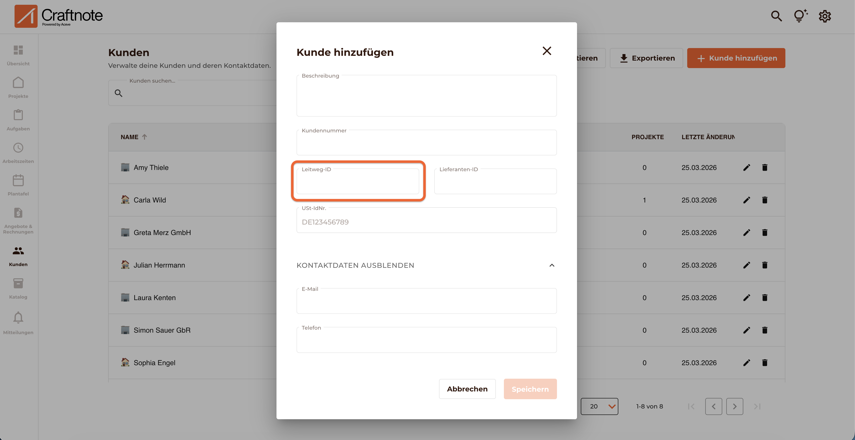Beim Anlegen eines neuen Kundenprofils kann man die Leitweg ID eintragen, die für Ausschreibungen wichtig ist