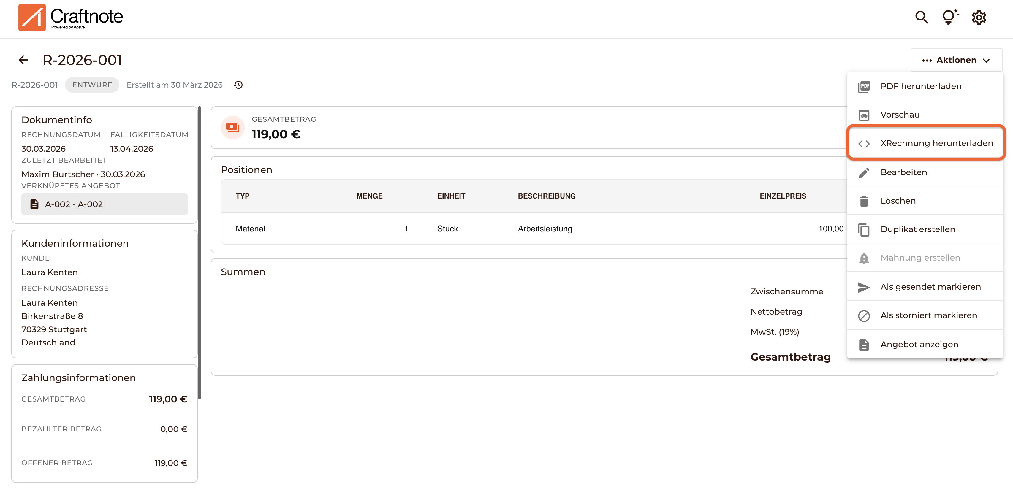 XRechnung in der jeweiligen Rechnung unter Aktionen herunterladen