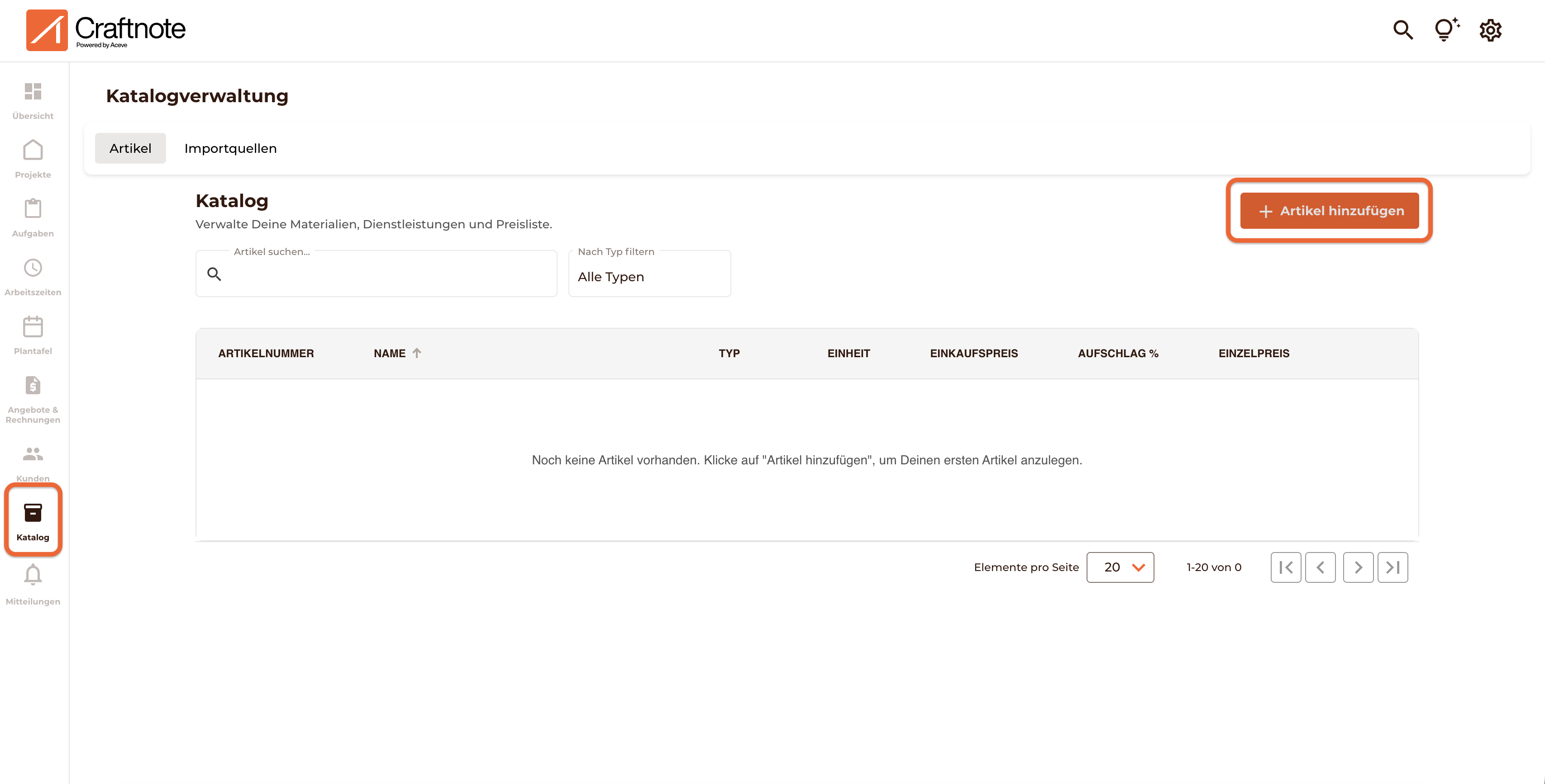 Gehe über Katalog links in der Ansicht zu Artikel hinzufügen um Artikel manuell hinzuzufügen
