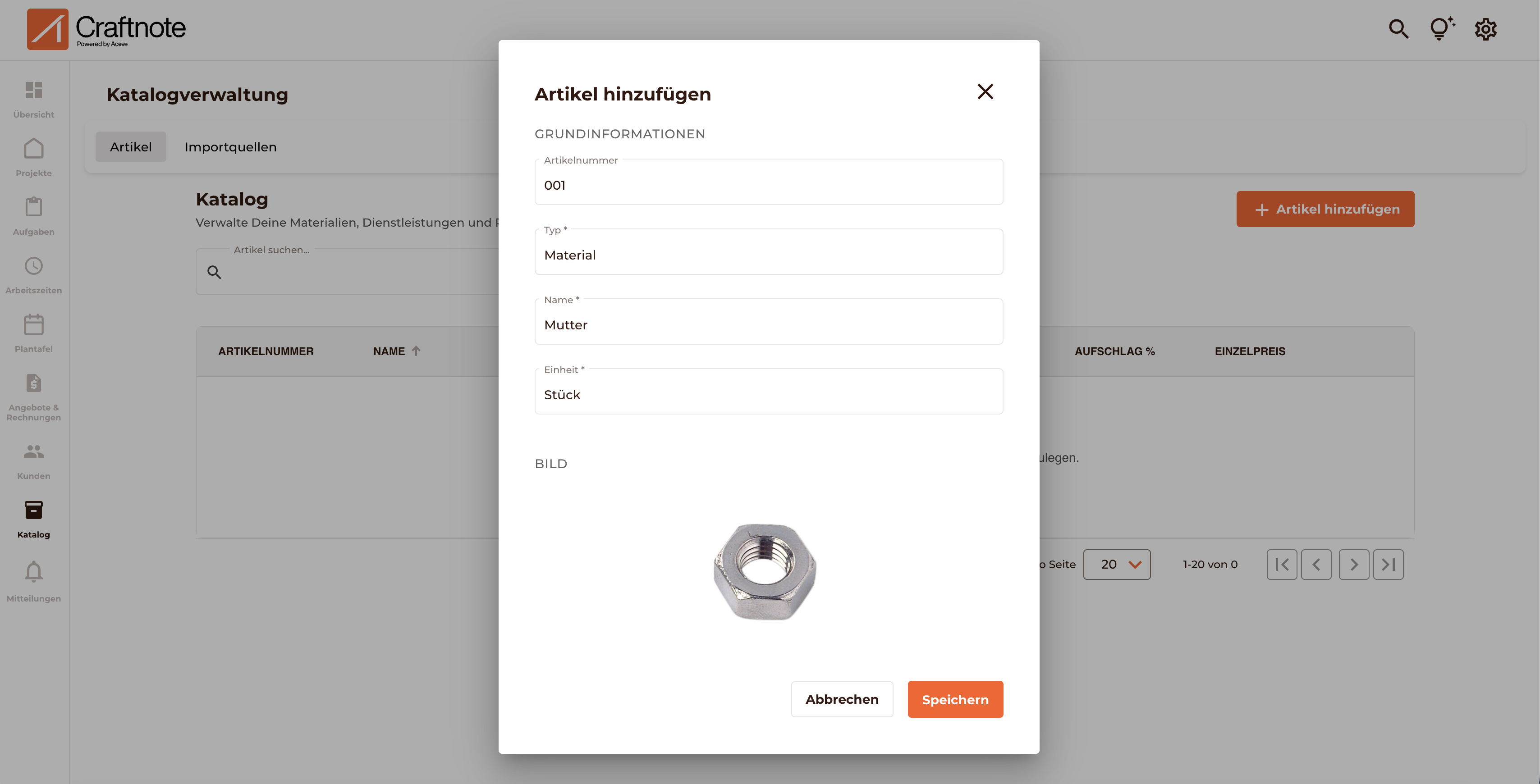 Alle Informationen die man zu einem Artikel hinzufügen kann (wie Name und Einheit)