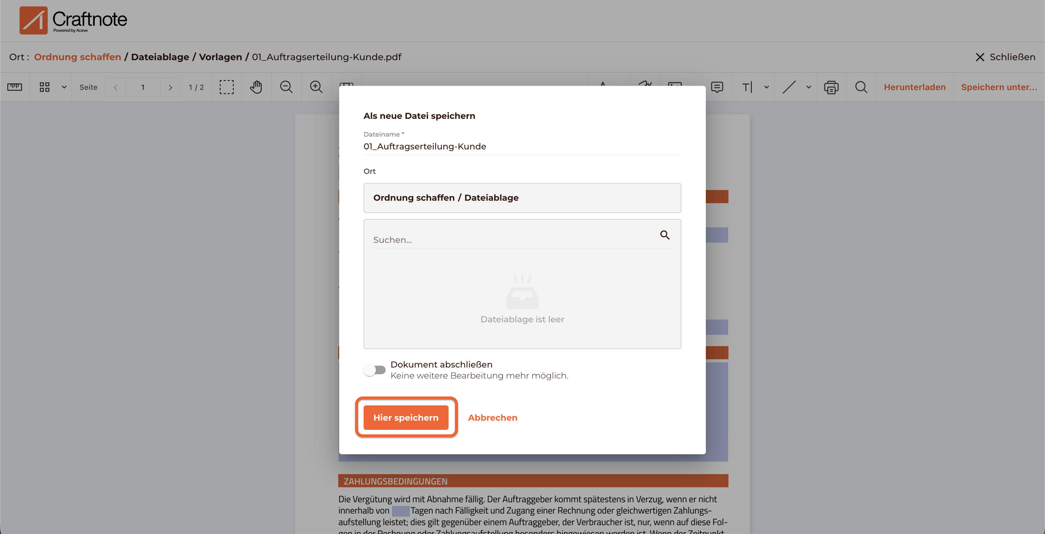 PDF speichern mit korrektem Namen und Ablageort