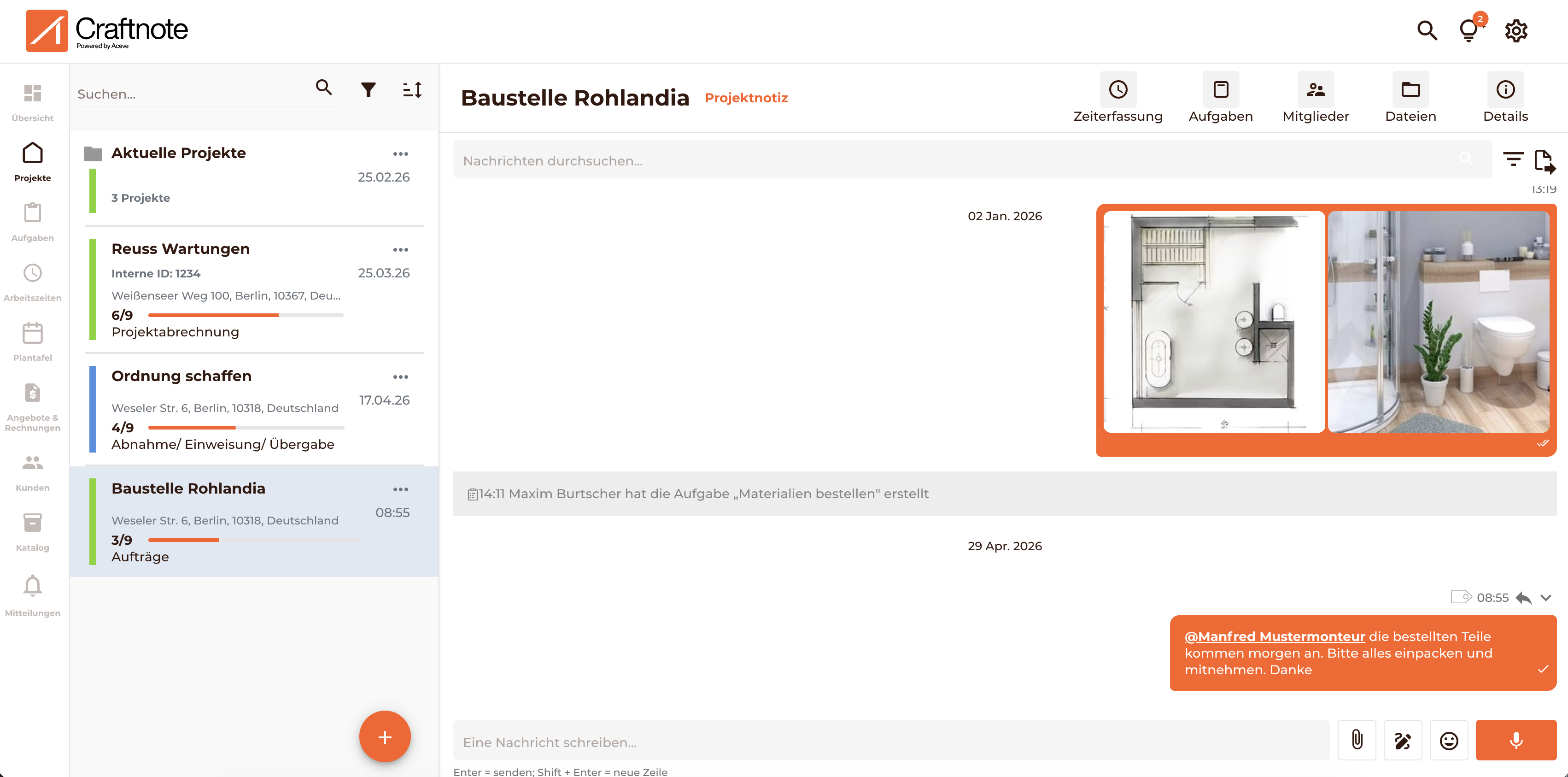 Nachricht wurde im Chat geschrieben und Mitarbeiter wird dick hervorgehoben