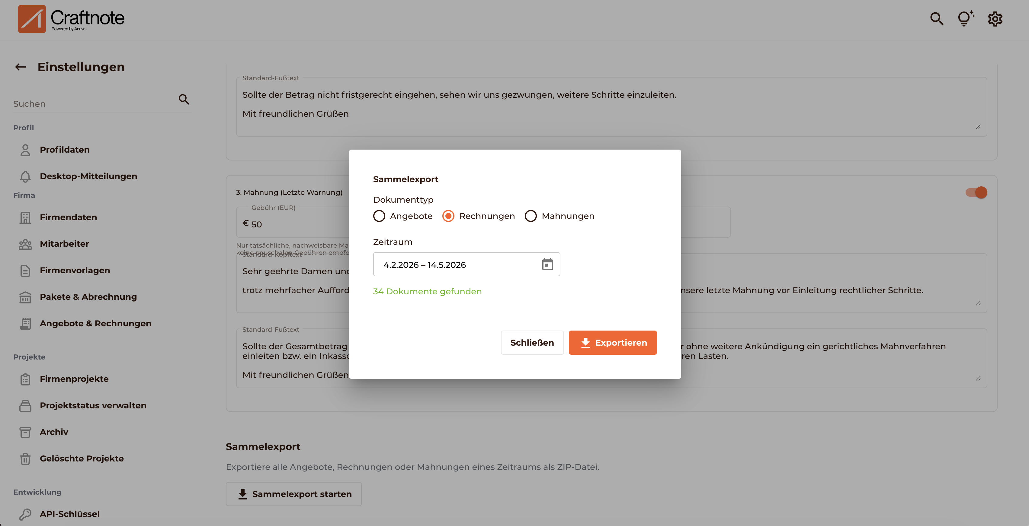 Ich gehe in die Einstellungen zu Angebot und Rechnung und gehe danach ganz unten, um zum Sammelexport zu gelangen. 