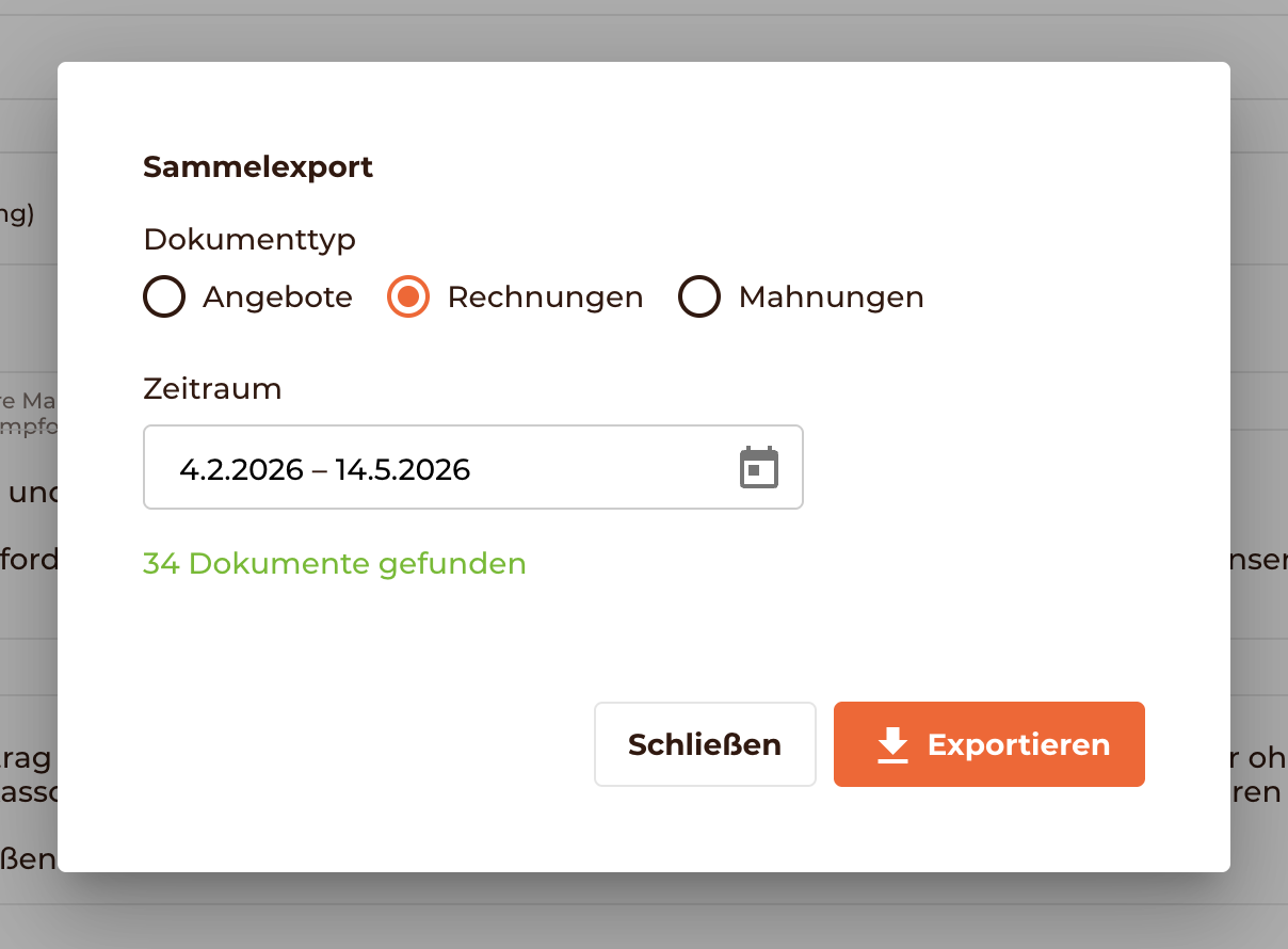 Ich wähle die Dokumentenart aus sowie den Zeitraum und klicke dann auf Exportieren. 