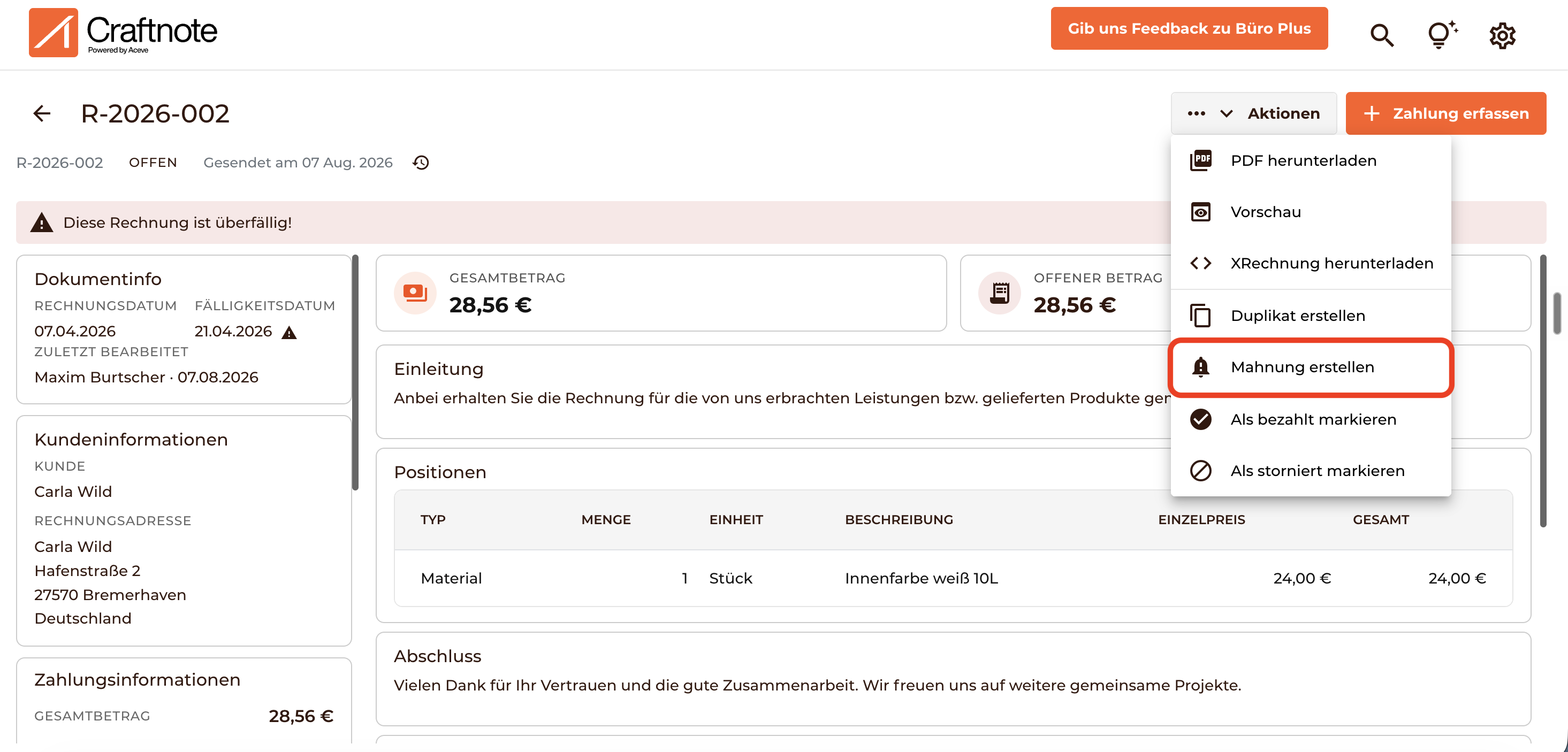 Klick auf eine überfällige Rechnung, Aktionen und dann Mahnung erstellen, um eine Mahnung zu erstellen. 