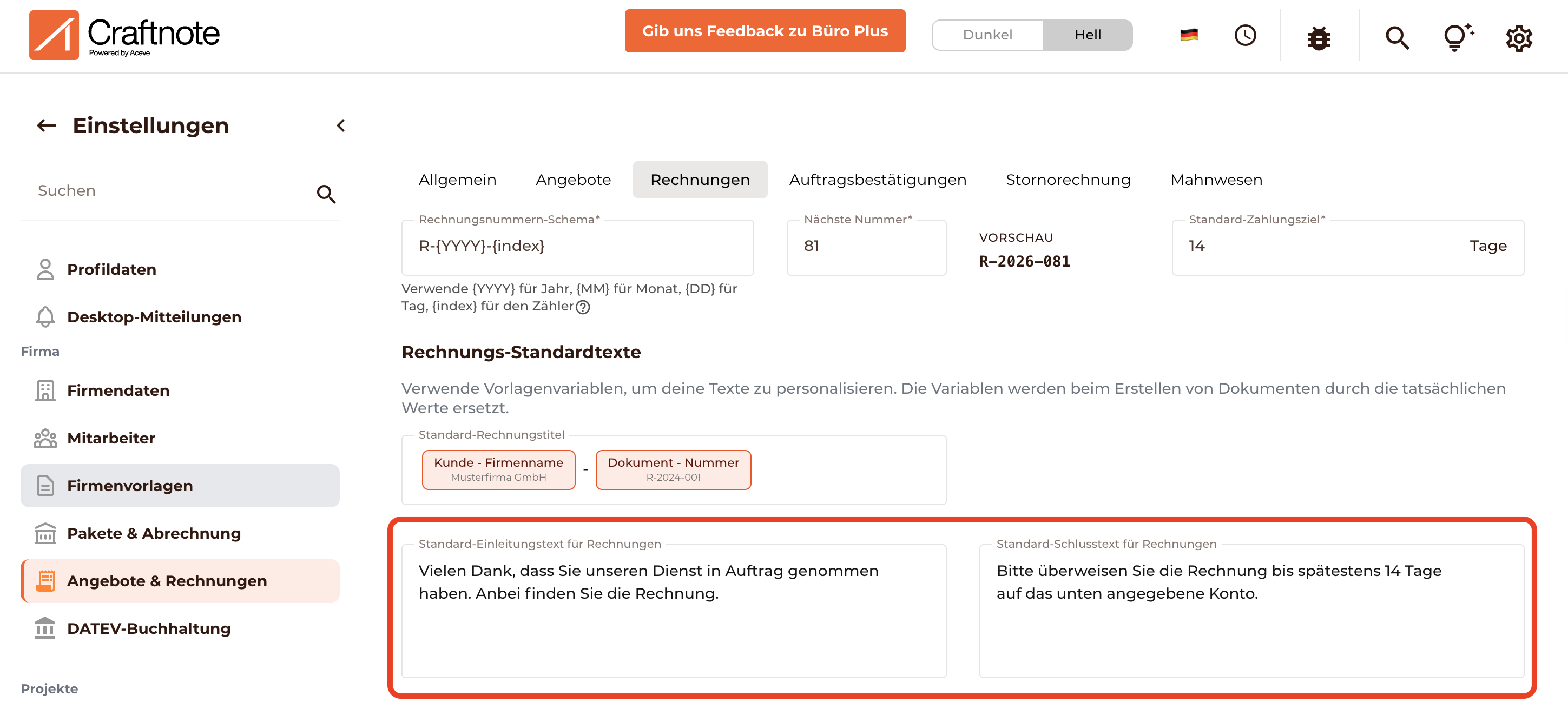 Standardtexte für Angebote, Rechnungen und Co. anpassen. 