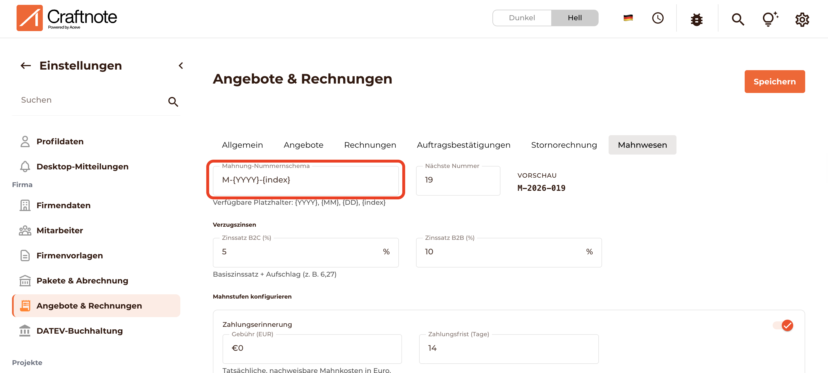 Mahnungs-Nummern-Schema in den Einstellungen unter „Angebote und Rechnungen“ einstellen 