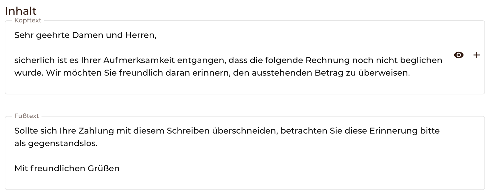Start- und Schlusstext einer Warnung festlegen. 
