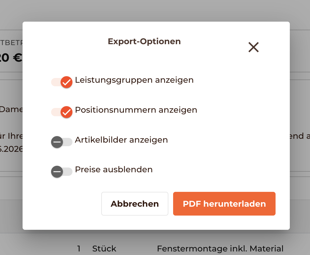 PDF herunterladen, nach Angebot angenommen und Auftragsbestätigung erstellt. 