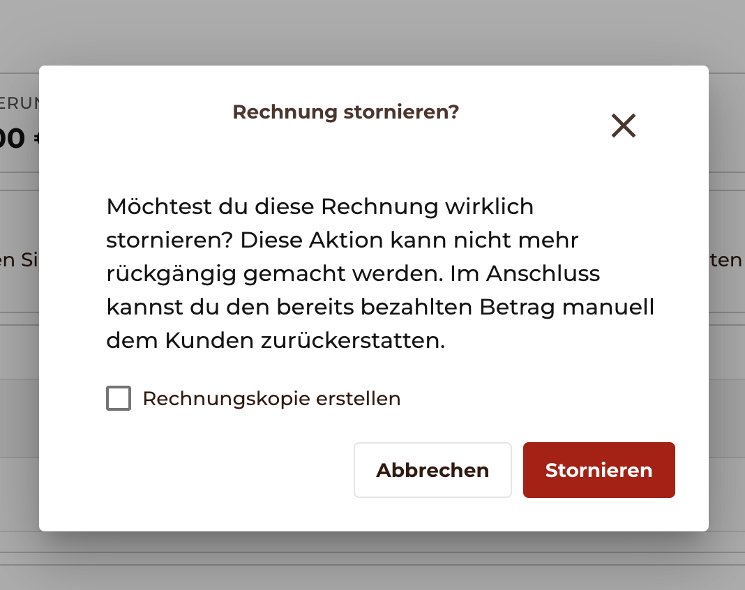 Fenster, dass ich Rechnung stornieren möchte und die Frage, ob ich eine Rechnungskopie erstellen will 