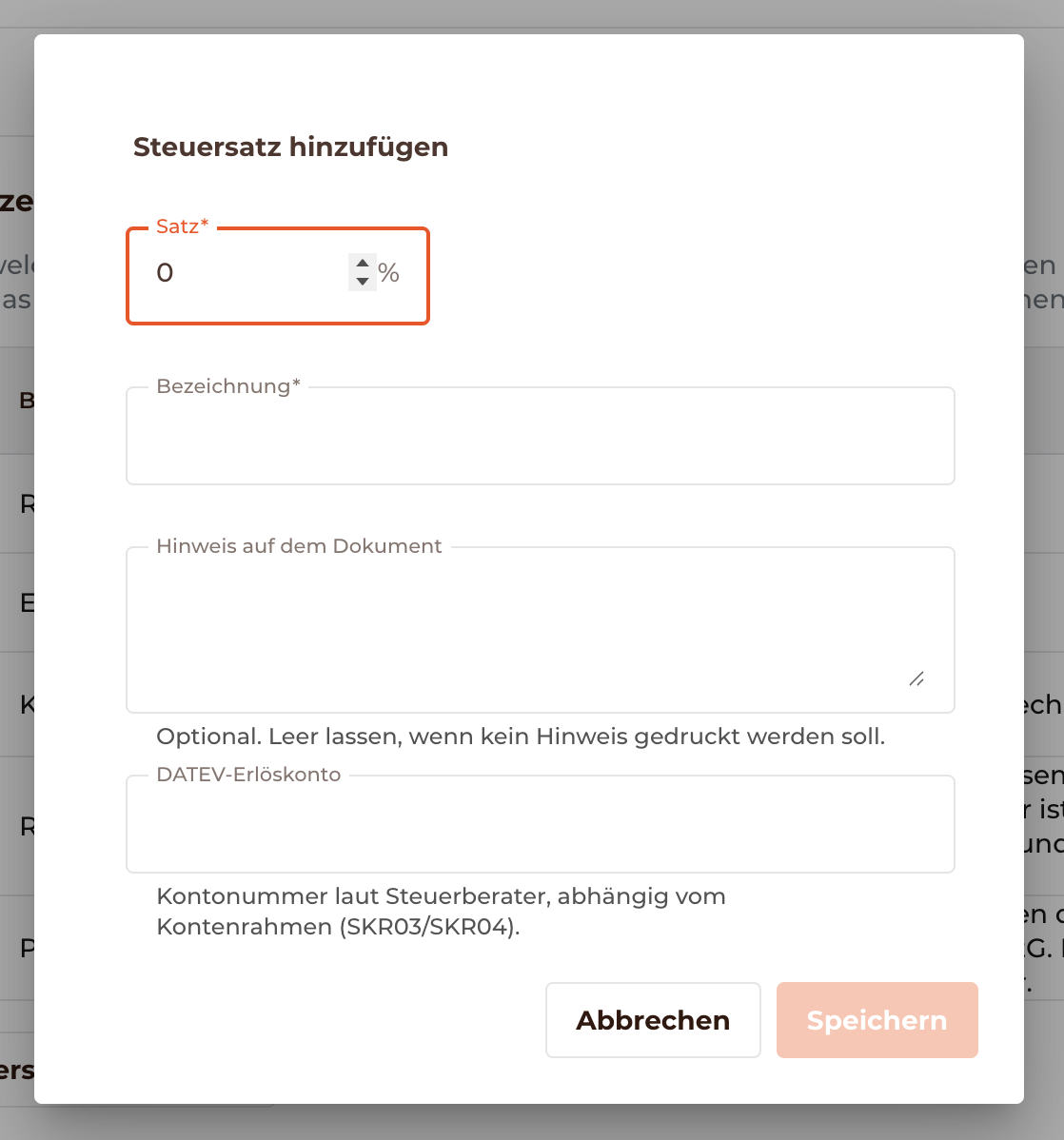 Neue Steuersätzen zu verfügen mit allen Einstellungen 