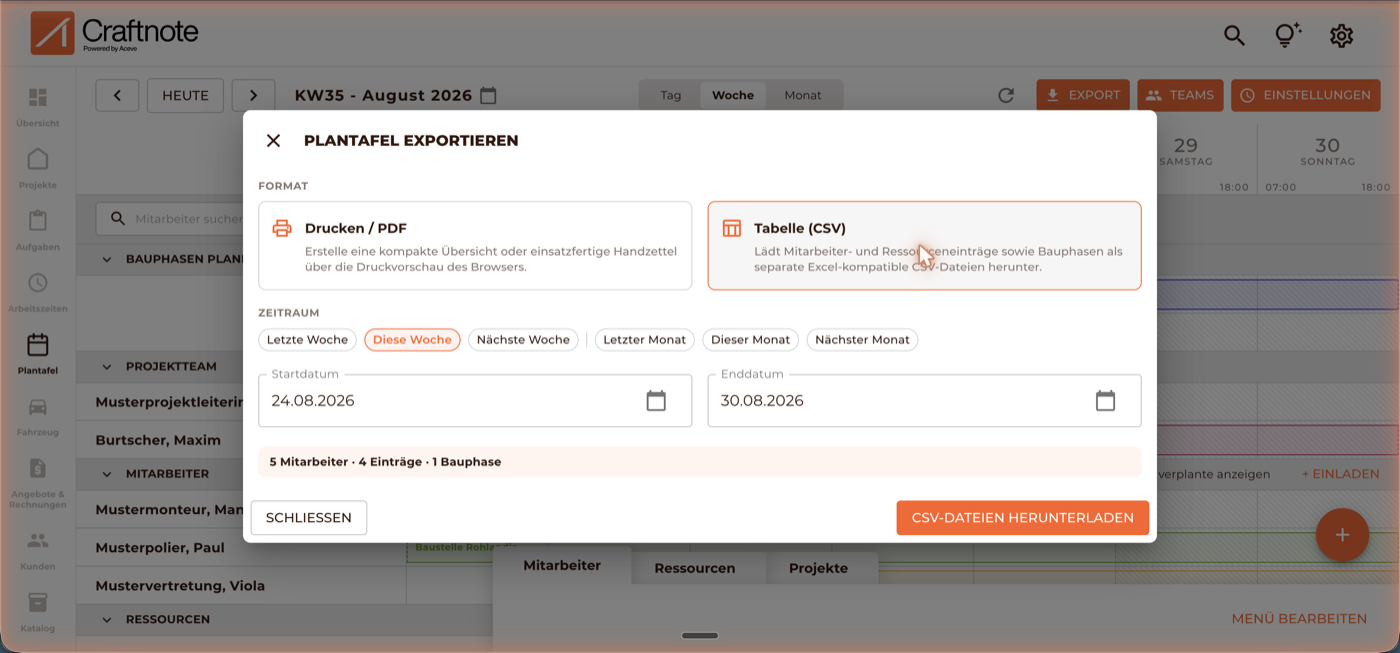 Export-Dialog mit CSV-Format ausgewählt und Schaltfläche CSV-Dateien herunterladen