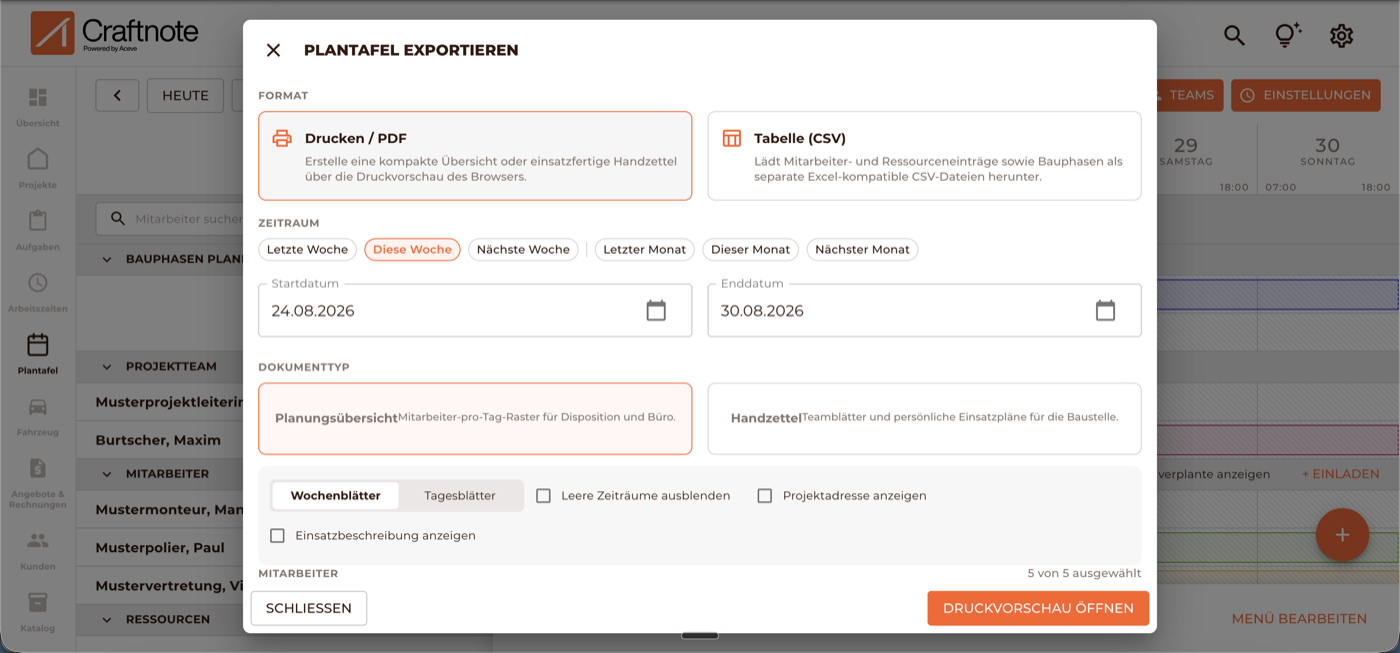 Export-Dialog mit PDF-Format ausgewählt und PDF-Optionen