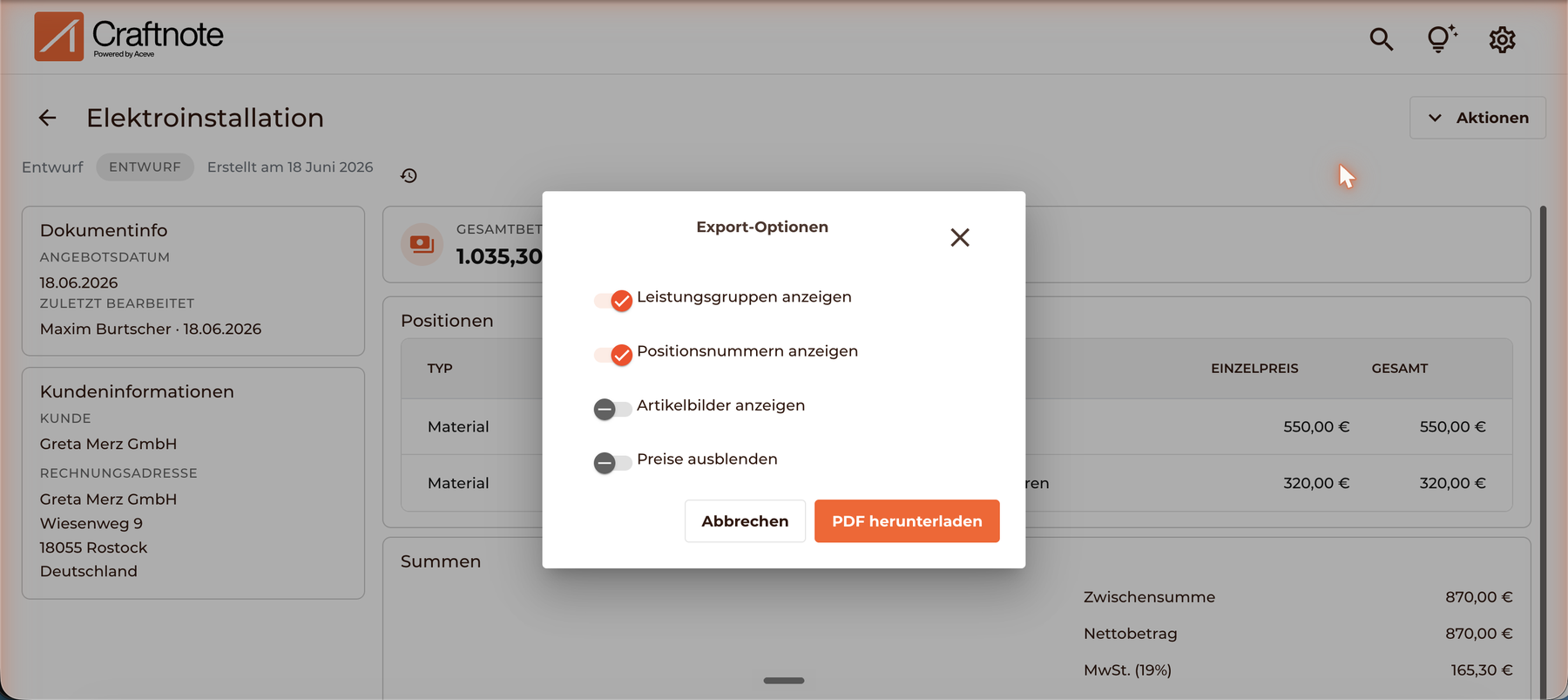Export-Optionen-Dialog beim Herunterladen des Angebots als PDF