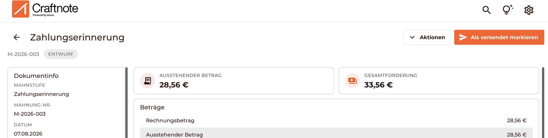 Mahnungsansicht mit dem Button Als versendet markieren