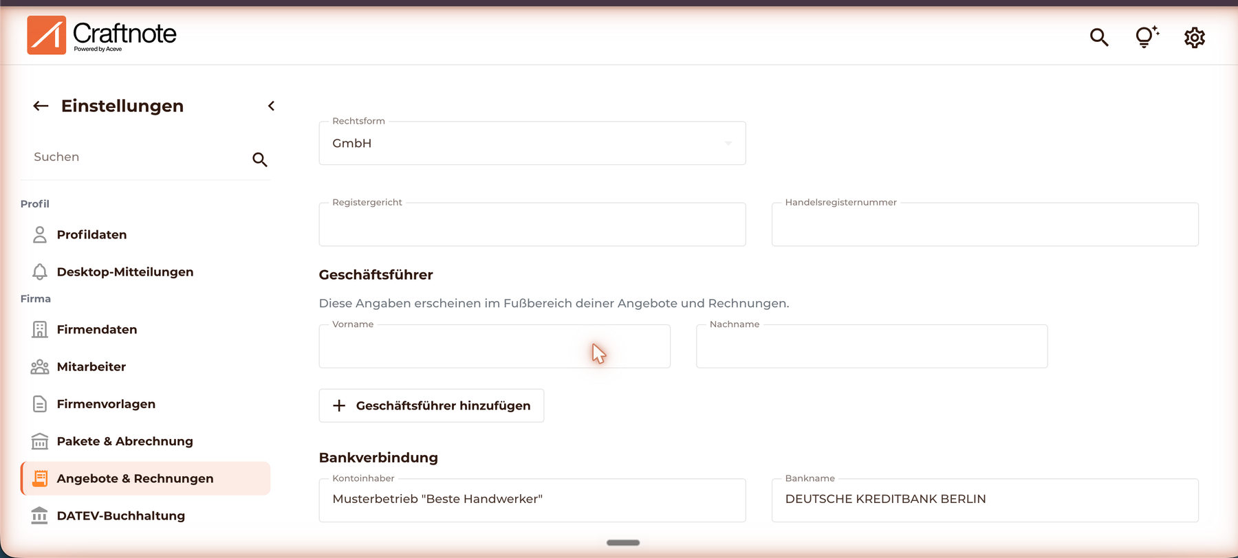 Steuerinformationen mit Registergericht, Handelsregisternummer und Geschaeftsfuehrer